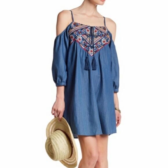 Blu Pepper Dresses & Skirts - Blu Pepper Denim Cold Shoulder Dress